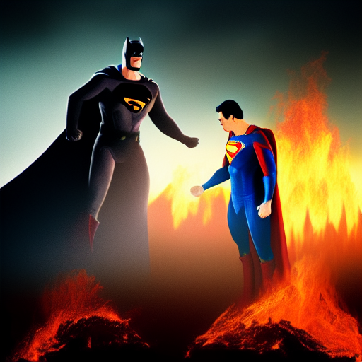 Superman and Batman standing face-to-face, silhouetted against a fiery explosion in the background.